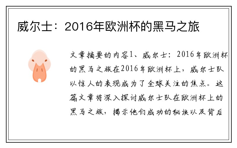 威尔士：2016年欧洲杯的黑马之旅