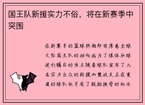 国王队新援实力不俗，将在新赛季中突围